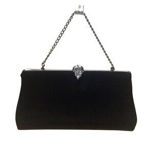 Black Satin Chain Handle With Silver Rhinestone Leaf Closure Evening Clutch